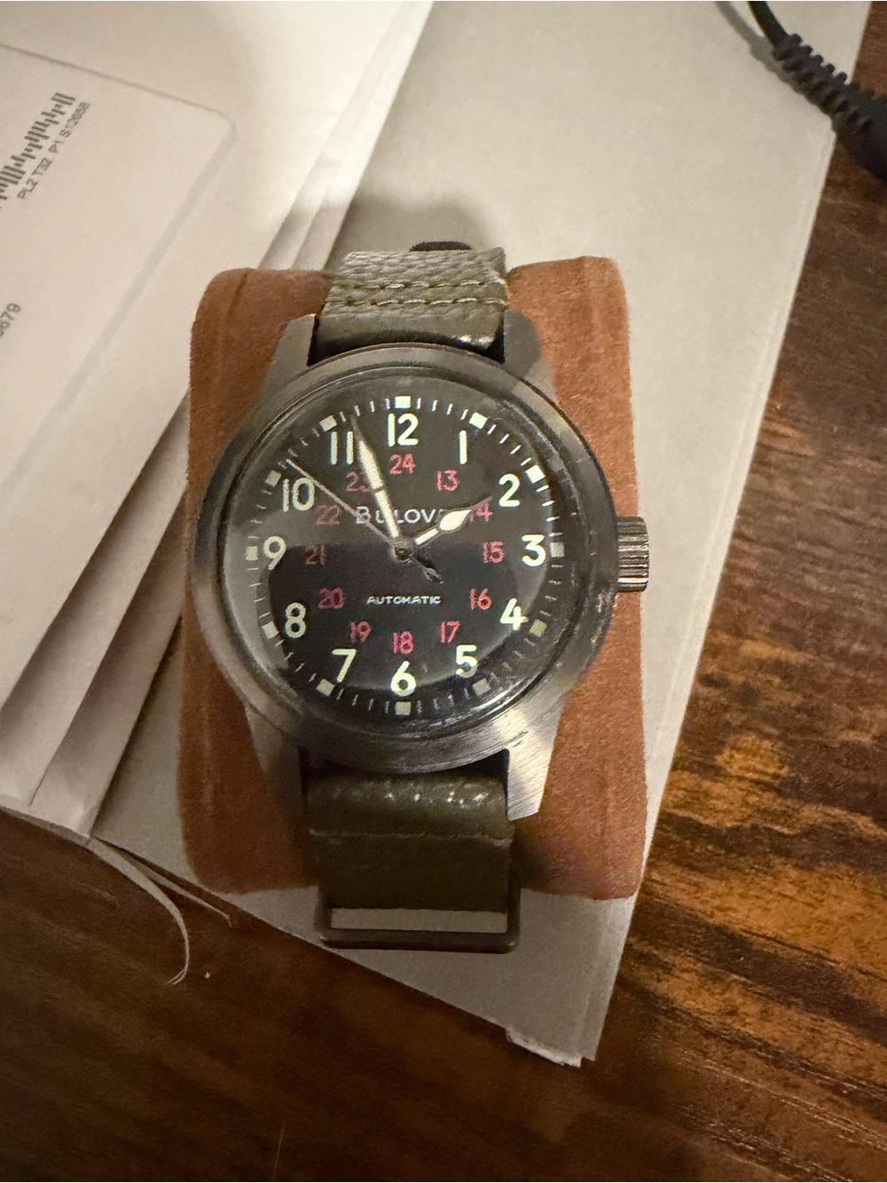 Bulova Men's Field-Style Watch in Black Dial with Olive Strap